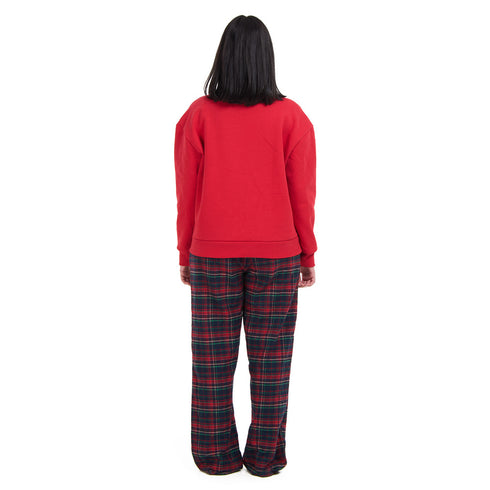 Women Winter Pajama Set Red deer Hoodie + Dark Blue x Red Checkered Pants
